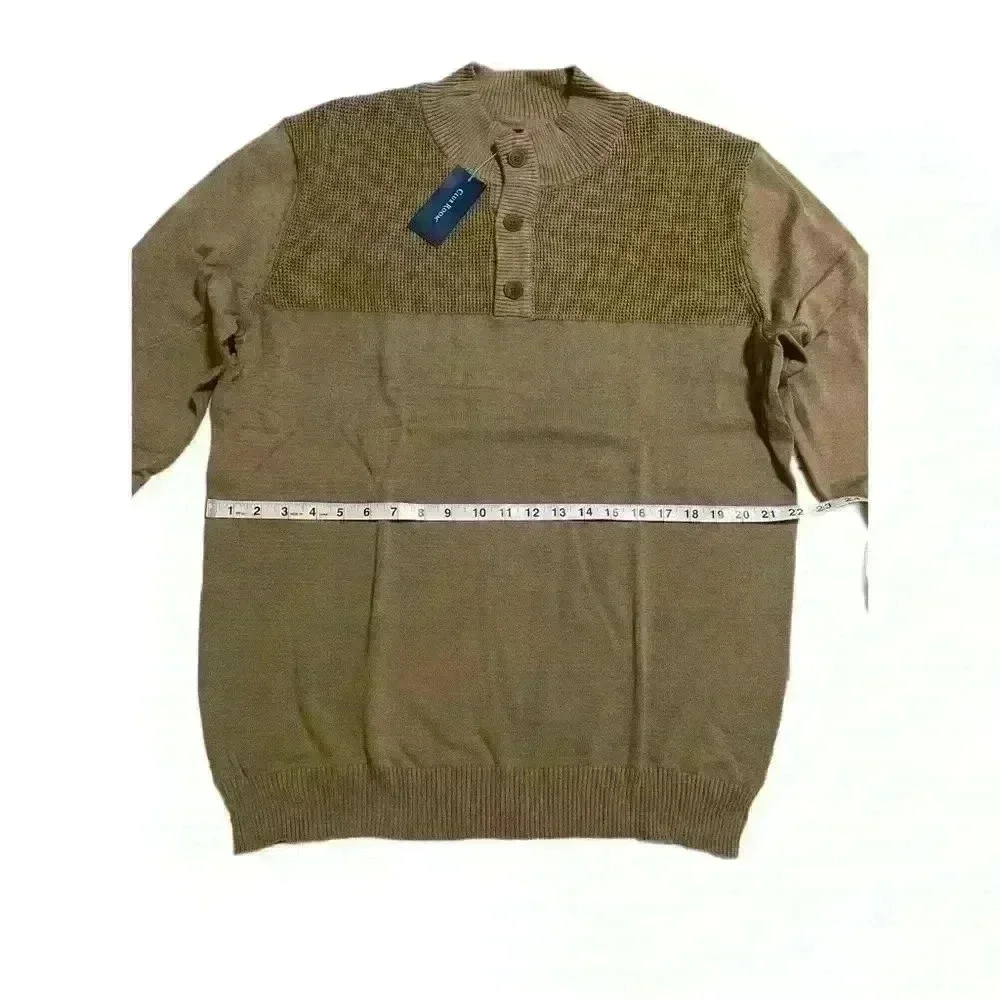 Club Room Mock Neck 3-Button 100% Cotton Pullover Mens Sweater Size L Walnut